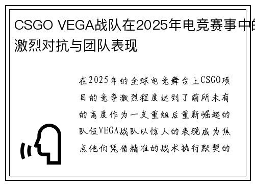 CSGO VEGA战队在2025年电竞赛事中的激烈对抗与团队表现