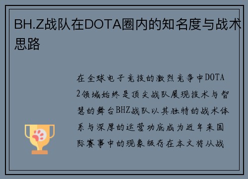 BH.Z战队在DOTA圈内的知名度与战术思路
